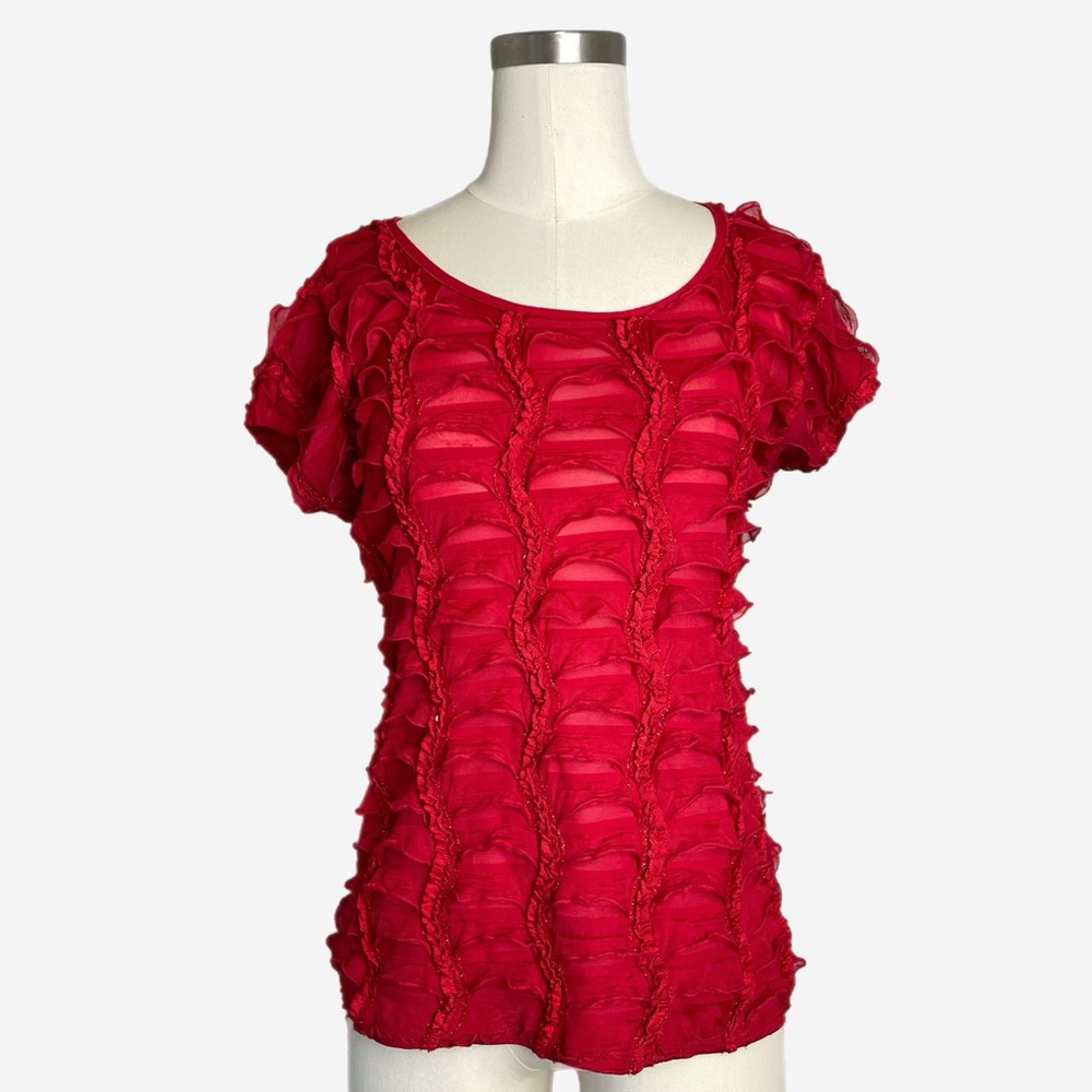 New Directions red short sleeve textured ruffle beaded stretchy top holiday S